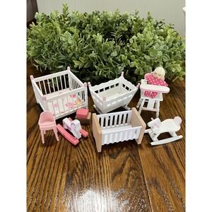 Dollhouse miniature vtg 9-pc NURSERY SET Classic Child's Bedroom pink white 1:12
